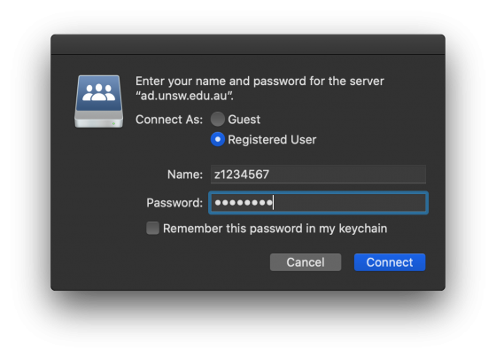 macOS Connect to Server Credential Prompt