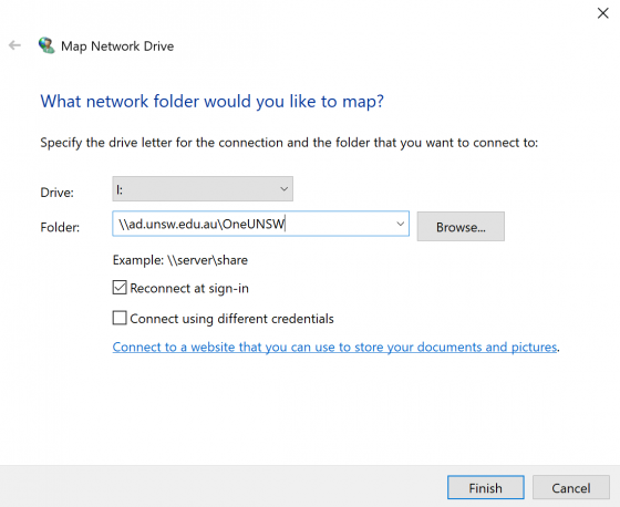 Windows 10 Map Network Drive window