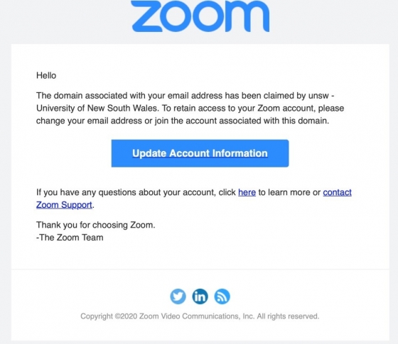 Zoom - Your email domain is claimed message